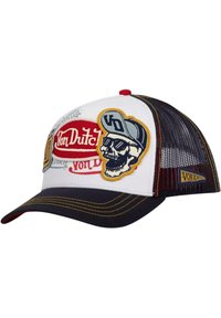 Une casquette snapback en mesh blanche et marine présente des logos brodés, un graphisme de crâne et des coutures jaunes contrastantes sur la visière et le bord.