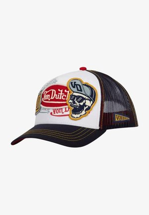 Une casquette snapback en mesh blanche et marine présente des logos brodés, un graphisme de crâne et des coutures jaunes contrastantes sur la visière et le bord.