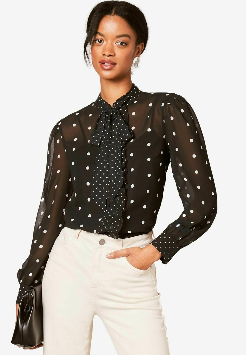 Lipsy SHEER NECK RUFFLE REGULAR FIT - Button-down blouse - black white polka dot