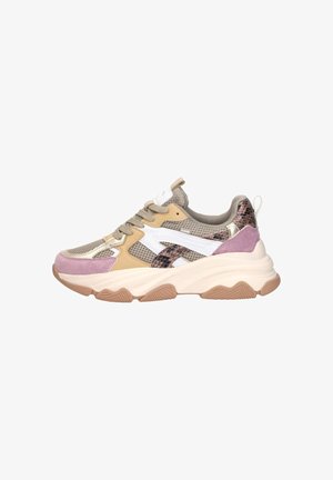 Chunky sneaker with beige mesh, light pink suede, white accents, and brown snake-print details, featuring thick white sole and beige laces.