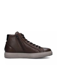 Sneaker alta in pelle marrone con zip laterale, dettagli neri, punta tonda, suola in gomma leggera grigia a contrasto e finitura texture.