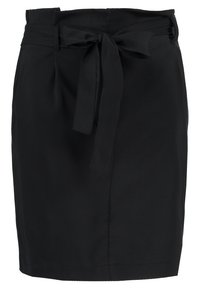 Musta hame, jossa on istuva muotoilu, korkea vyötärö ja irrotettava solmu. Sileä kangas, jossa on hieman jämäkkä tekstuuri, polvipituinen.