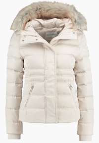 Giacca invernale imbottita di un beige chiaro con cappuccio foderato in pelliccia sintetica, tasche con zip, polsini a coste e design trapuntato.