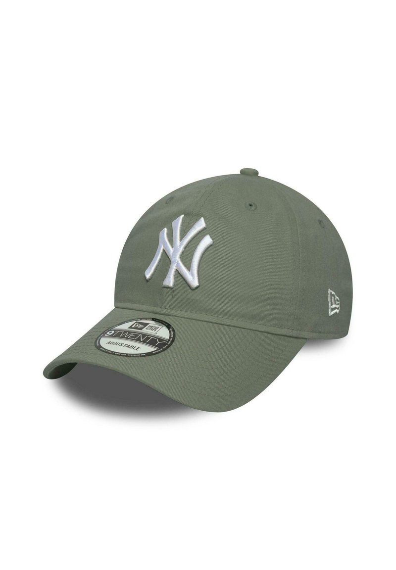 Olive green baseball cap with a white embroidered New York Yankees logo, adjustable strap, and round visor design. Textured fabric finish.