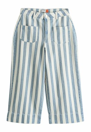 Pantalon court taille haute à jambes larges avec rayures verticales bleu clair et blanc, bouton devant, fermeture éclair, passants pour ceinture et deux poches plaquées devant.