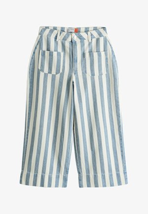 Krátke široké nohavice s vysokým pásom so zvislými svetlomodrými a bielymi pruhmi, predné zapínanie na gombík, zips, pútka na opasok a dva predné nášivkové vrecká.