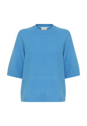 Light blue short-sleeve sweater made of soft fabric, featuring a round neck, loose fit, and ribbed cuffs and hem. Plain design, no patterns.