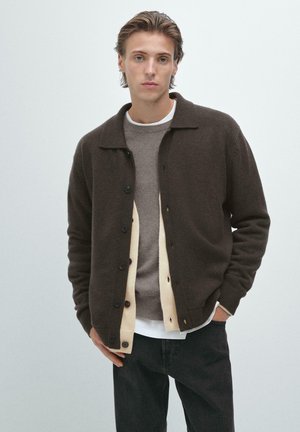 Young man with light brown hair wearing layered dark brown button-up cardigan, beige cardigan, gray sweater, and black pants, standing against plain background.