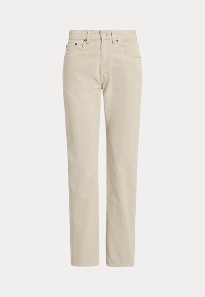 Pantalon en velours côtelé beige droit avec passants de ceinture, bouton à l'avant, fermeture éclair et poches avant.