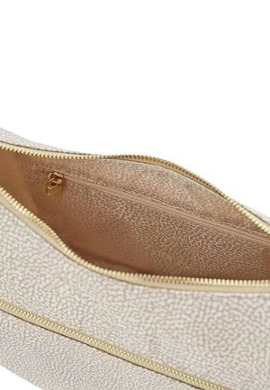 Gestructureerde crèmekleurige clutch met een gouden rits, met een glad interieur en een aparte ritszak voor organisatie.