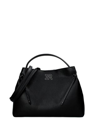 Borsa a mano in pelle nera con manico superiore, tracolla removibile e logo "SR" bianco ricamato sulla parte anteriore.