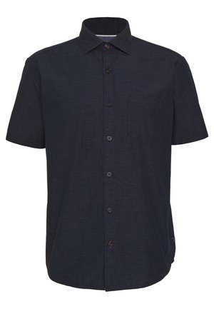 Chemise à manches courtes bleu marine foncé avec boutons, présentant de fines rayures horizontales et un col classique.
