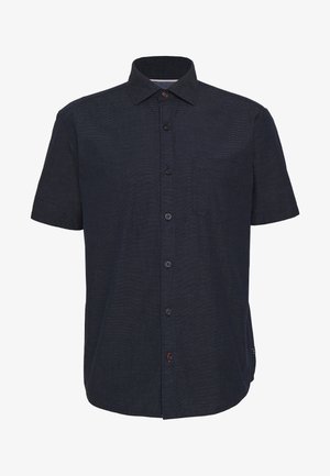Chemise à manches courtes bleu marine foncé avec boutons, présentant de fines rayures horizontales et un col classique.