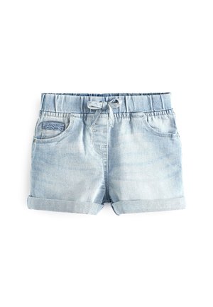 Short en jean bleu clair pour tout-petits avec taille élastique, cordon de serrage à l'avant, revers retroussés et poches avant et arrière.