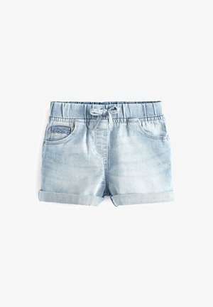 Hellblaue Denim-Kindershorts mit elastischem Bund, vorderem Kordelzug, aufgekrempelten Säumen sowie Vorder- und Gesäßtaschen.