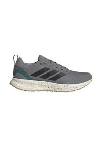 Zapatilla deportiva gris con una parte superior texturizada, rayas negras y acentos turquesa. Cuenta con una suela acolchada con un diseño moteado.
