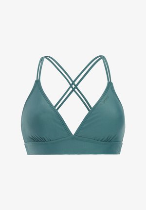 Turkooisblauwe bikinitop met dunne gekruiste bandjes en een diepe V-hals, ontworpen voor zwemkleding of sportkleding.