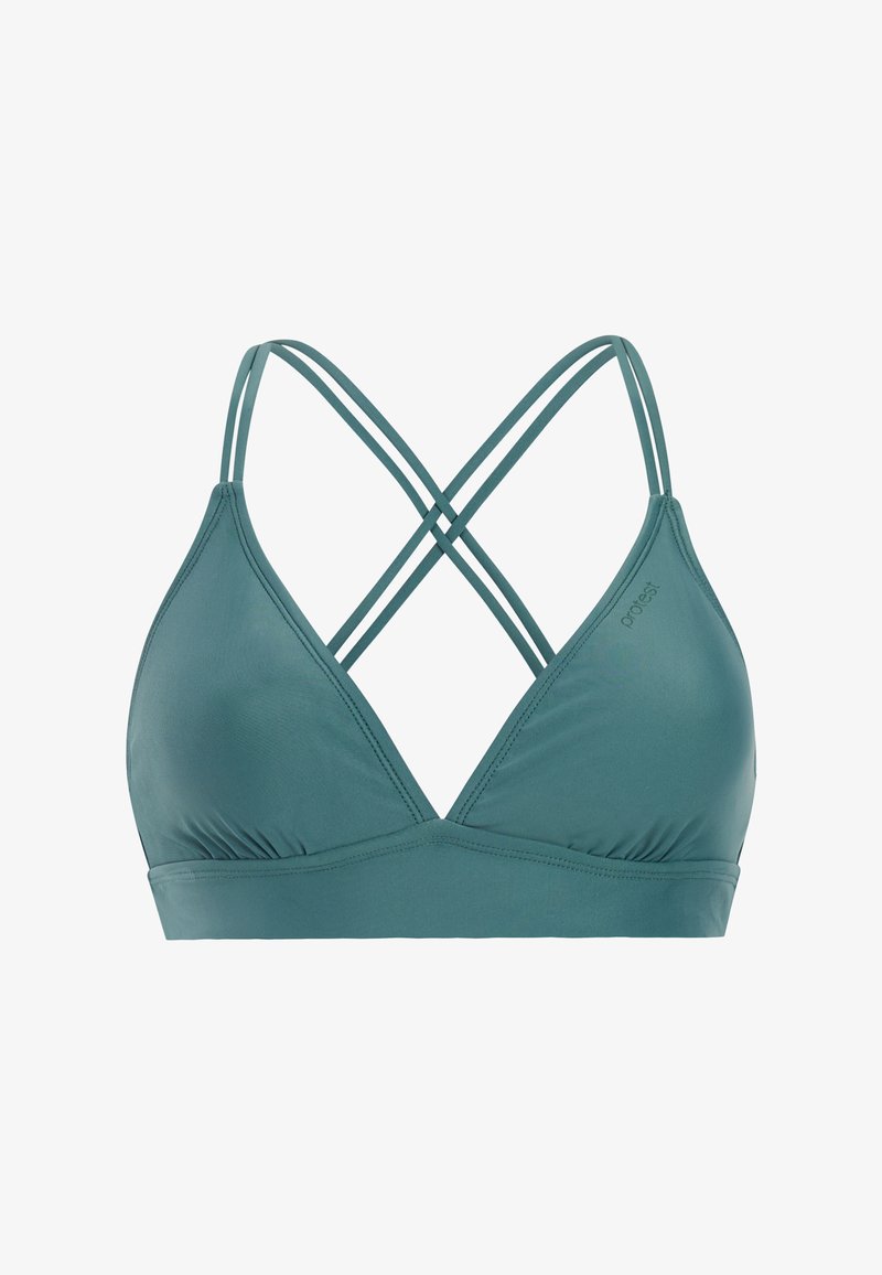 Turkooisblauwe bikinitop met dunne gekruiste bandjes en een diepe V-hals, ontworpen voor zwemkleding of sportkleding.