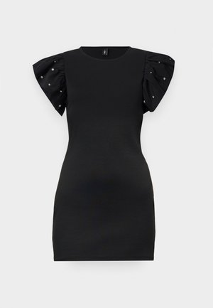 Robe courte noire cintrée avec encolure ronde et manches courtes bouffantes décorées de petits clous argentés.