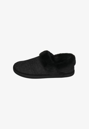 Black slipper with a textured wool exterior and a soft faux fur lining. Features a slip-on design and a black rubber outsole.