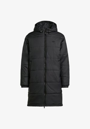 Manteau noir rembourré avec capuche, présentant une texture matelassée, des manches longues et une fermeture éclair à l'avant. Marque discrète sur la poitrine. Matériau durable.