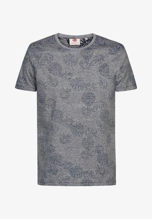 Maglietta a maniche corte con scollo tondo in grigio mélange con motivo a foglie grigio scuro sottile.