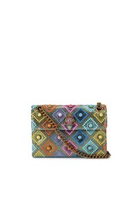 Colorful handbag featuring a diamond pattern with textured embellishments, a chain strap, and a decorative clasp. Main colors include blue, orange, and pink.