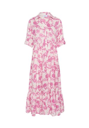 Ružové kvetinové šaty s golierom, krátkymi rukávmi a volánkovým dizajnom. Vyrobené z ľahkej látky s textúrovaným povrchom.