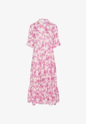 Rožinė gėlių suknelė su apykakle, trumpomis rankovėmis ir sluoksniuotu dizainu. Pagaminta iš lengvos medžiagos su tekstūruotu paviršiumi.