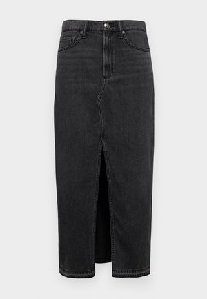 Black denim skirt with a straight cut, high waist, front slit, and back pockets. Fabric has a slightly textured finish.