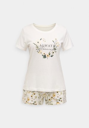 Bomuldspyjamassæt med en hvid kortærmet top med blomsterprint og teksten "Always Blooming", kombineret med blomsterprintede shorts.
