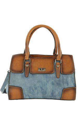 Handtas met blauw getextureerd lichaam en bruine leren accenten, dubbele handgrepen, voorflap met metalen sluiting en afneembare zijriem.