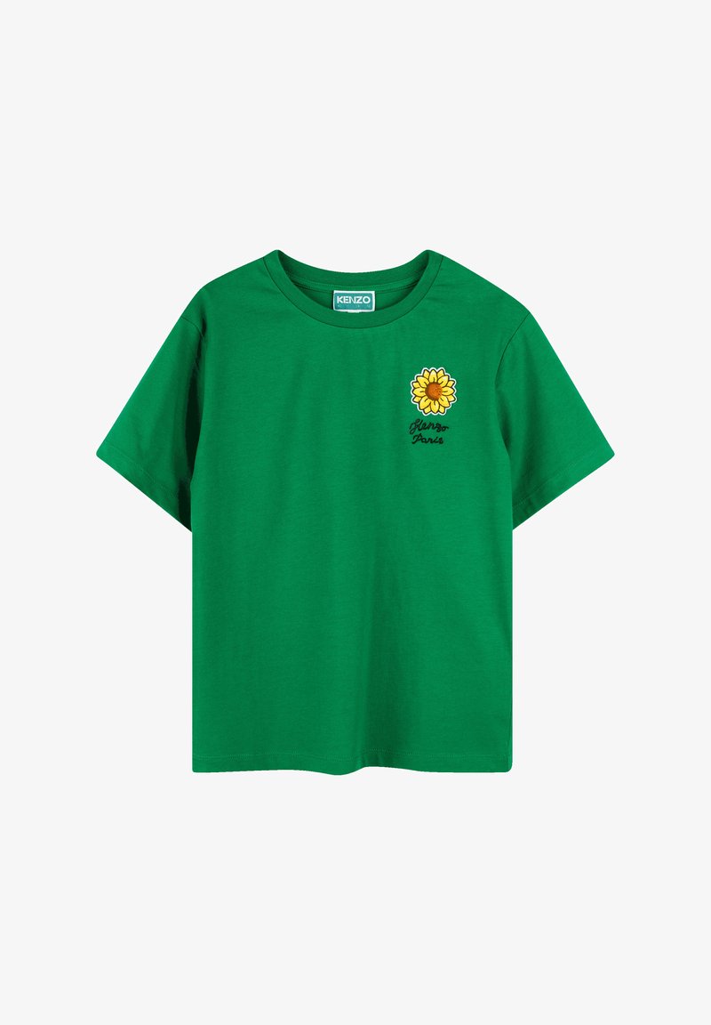 T-shirt verde in cotone con maniche corte. Presenta un design ricamato di girasole e il testo "Kenzo Paris" sotto il fiore.