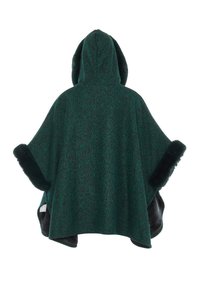 Grön mönstrad poncho med huva, med mjuka pälsdetaljer runt kanterna och en lös, draperad design.