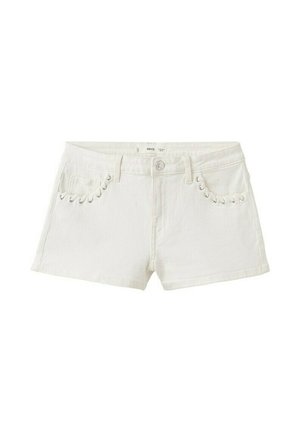 Short en denim blanc avec détail de laçage à l'avant sur les poches, fermeture à bouton métallique et passants pour ceinture.