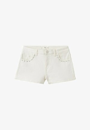 Biele rifľové kraťasy s predným šnurovacím detailom na vreckách, kovovým gombíkom na zapínanie a pútkami na opasok.