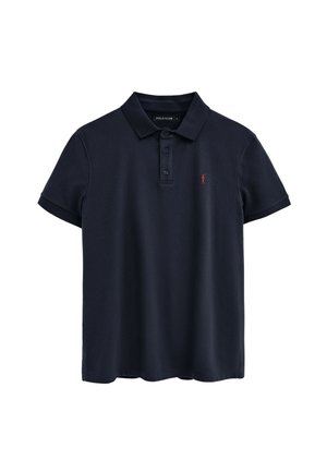 Marineblaues, kurzärmeliges Poloshirt mit Kragen, drei Knöpfen und kleinem roten gesticktem Logo auf der linken Brust.