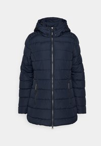 Veste matelassée bleu foncé avec capuche, fermeture éclair et deux poches latérales zippées. Caractéristiques : texture matelassée et poignets élastiques.