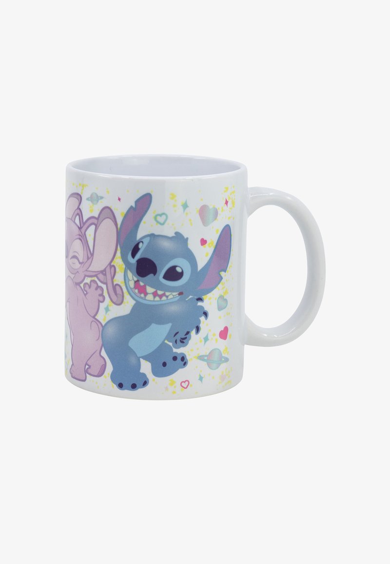 Ceramic mug featuring colorful cartoon characters. White background with purple and blue characters, scattered hearts, and star accents.