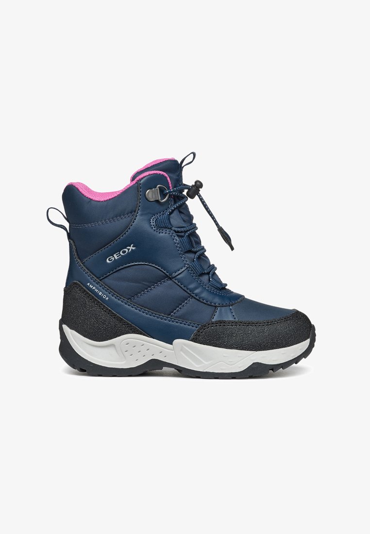 Navy waterproof boot with pink accents, lace-up design, padded collar, black rubber sole, and textured surfaces for traction.
