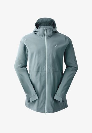 Veste imperméable bleu clair avec capuche, fermeture éclair sur le devant et poignets élastiques. Dotée d'un logo sur la poitrine et d'une texture de tissu lisse.