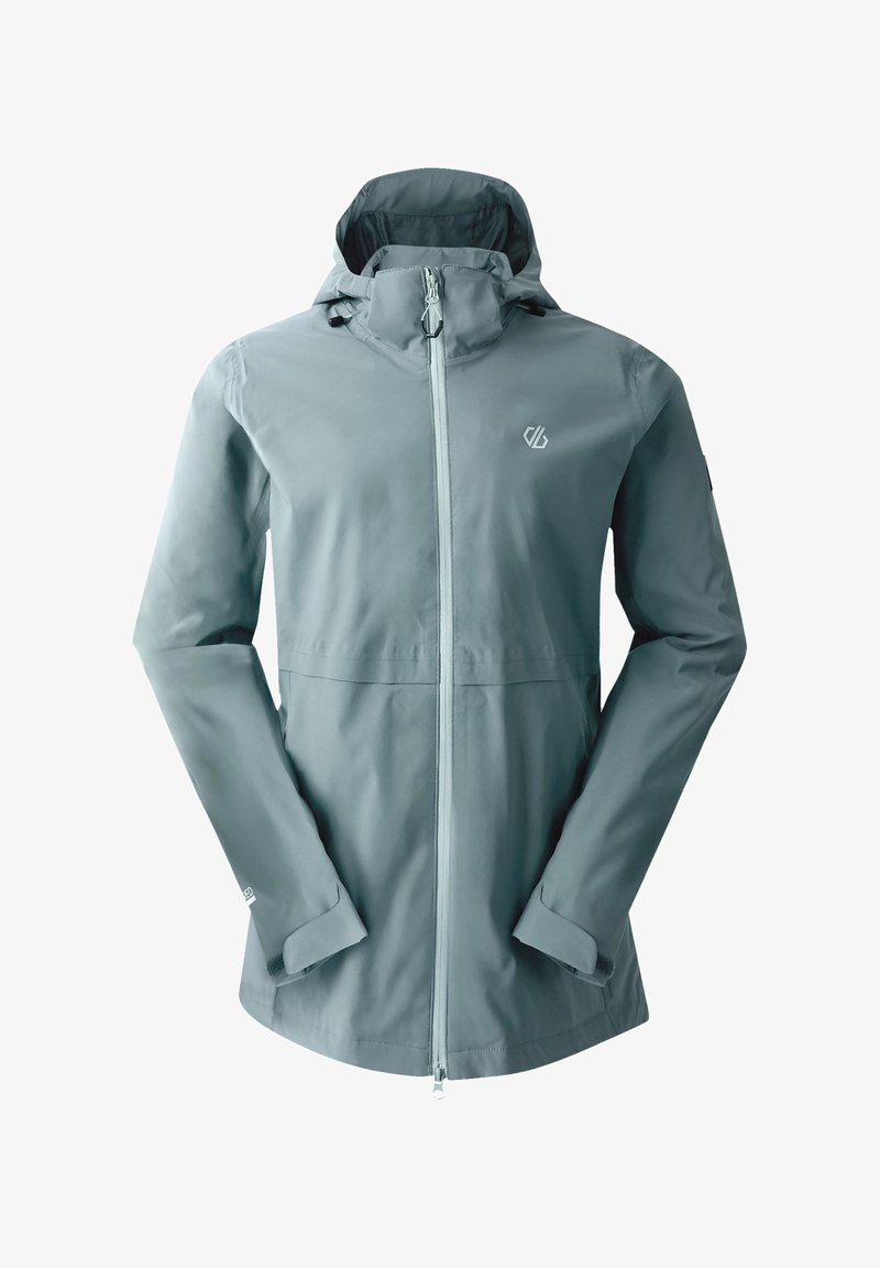Light blue waterproof jacket with a hood, front zip closure, and elastic cuffs. Features a logo on the chest and smooth fabric texture.