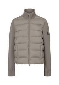 Giacca imbottita in grigio chiaro con colletto alto, maniche a maglia a coste, chiusura frontale con zip e dettaglio del logo sulla manica sinistra.