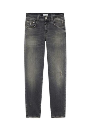 Miehille tarkoitetut slim-fit-malliset mustat kulutetut farkut, joissa on kevyttä kulutusta, edessä nappi ja vetoketjusuljin sekä viiden taskun muotoilu.