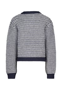 Navy and white striped cropped sweater made from soft knit fabric, featuring a ribbed neckline and cuffs with dropped shoulder seams.