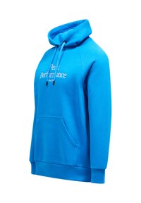 Felpa blu con cappuccio realizzata in morbido tessuto, dotata di tasca a marsupio e logo ricamato "Peak Performance" sul davanti.