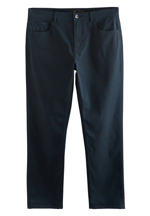 Pantalones ajustados azul marino oscuro con cierre frontal de botón y cremallera, dos bolsillos delanteros y cinturilla cosida.