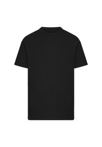 Plain black short-sleeve crew neck T-shirt, displayed flat against a white background.
