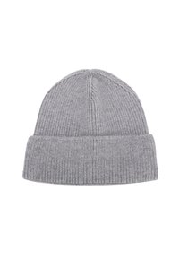 Berretto lavorato a maglia grigio con texture a coste e risvolto piegato. Presenta un design della parte superiore senza cuciture ed è realizzato in materiale morbido e caldo.