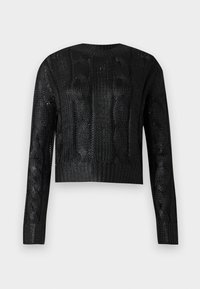 Pull cropped noir en tricot torsadé avec manches longues et col rond, présentant un motif vaporeux en tresse sur le devant et les manches.